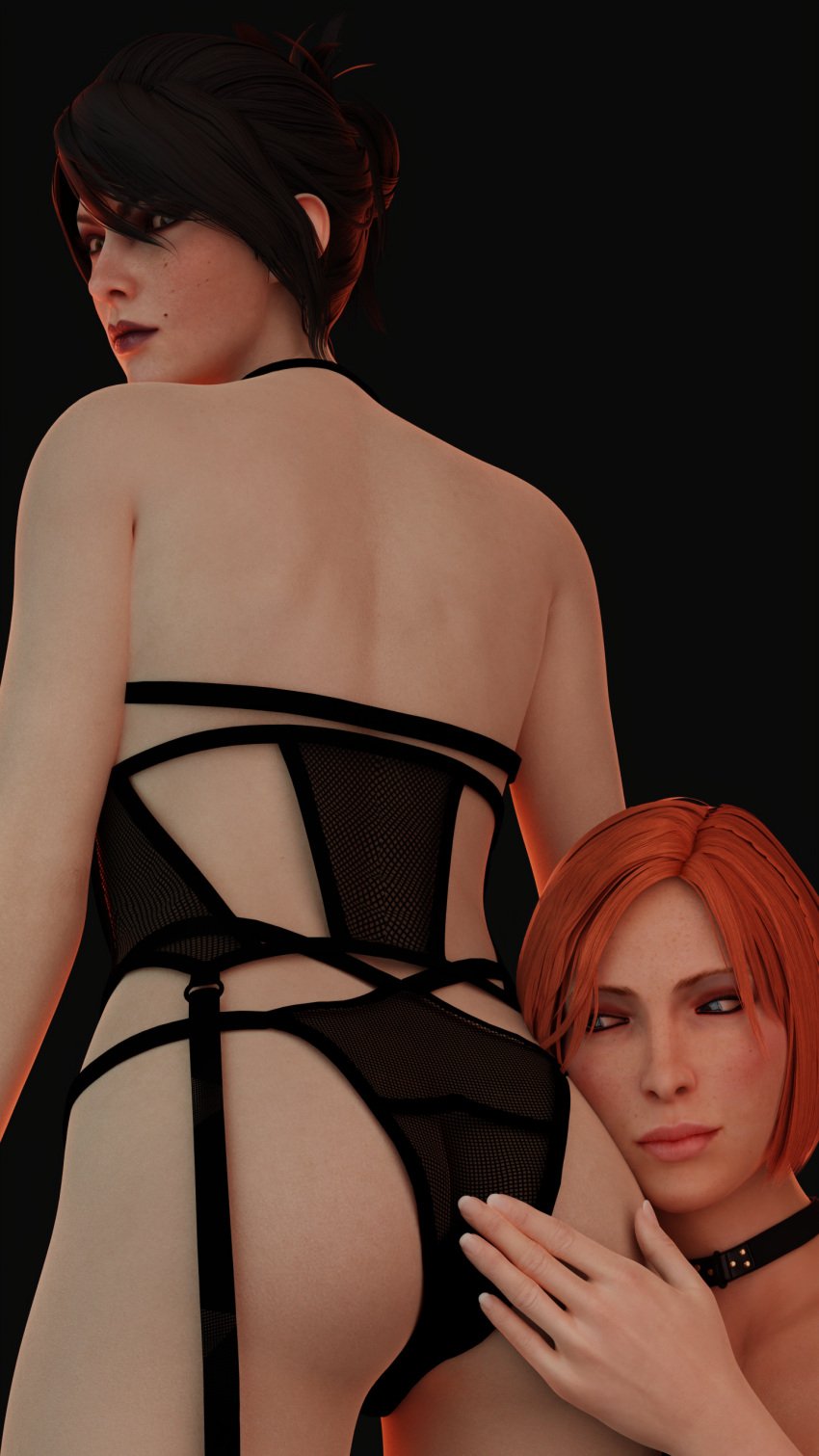 2girls 3d ass black_hair black_lingerie blender breasts desess3intes dragon_age dragon_age_inquisition dragon_age_origins female female_only leliana morrigan_(dragon_age) red_hair tagme