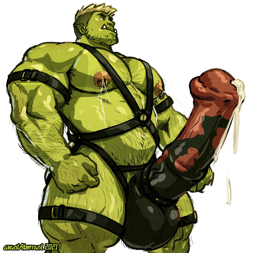 avantaberrant balls bara big_balls big_penis boner cum equine_penis erection green_body green_skin harness horsecock lactation male male_lactation male_only medial_ring muscles muscular orc penis solo solo_male