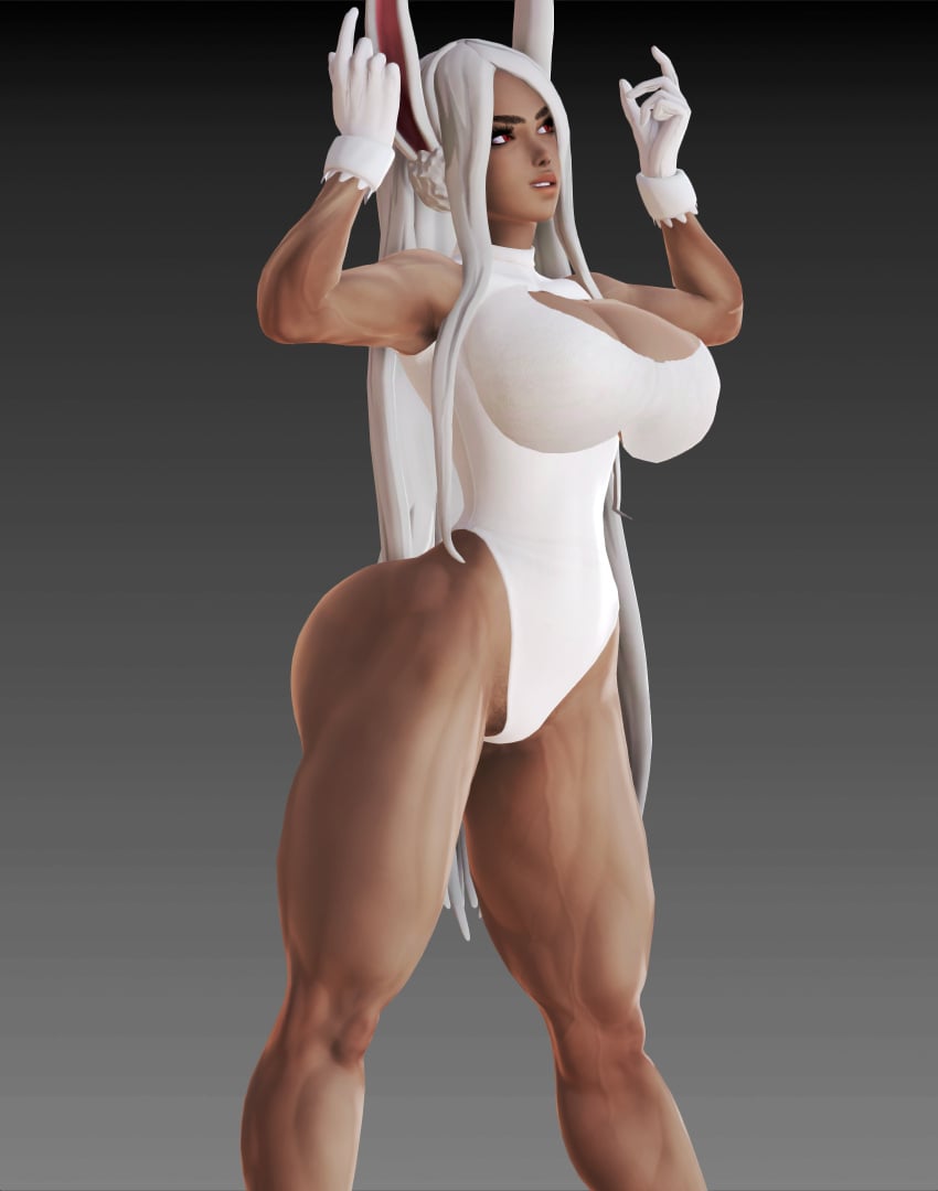 3d 3d_(artwork) armpit_hair big_ass bodybuilder bunny_ears bunny_girl cleavage dark_skin dark_skinned_female gloves honey_select ihateasuka large_breasts leotard long_hair long_hair_female miruko muscles my_hero_academia pubic_hair_peek red_eyes simple_background studio_neo thick_thighs white_hair