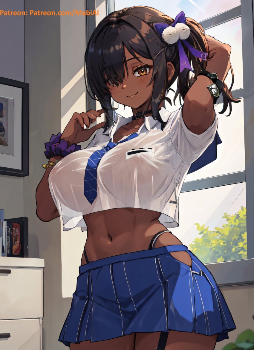 1girls ai_generated brown_eyes brown_hair classroom dark-skinned_female dark_skin goddess_of_victory:_nikke hi_res jk large_breasts mabi_ai midriff miniskirt naga naga_(nikke) navel orange_eyes school school_uniform schoolgirl see-through see-through_clothing skirt thick_thighs wide_hips