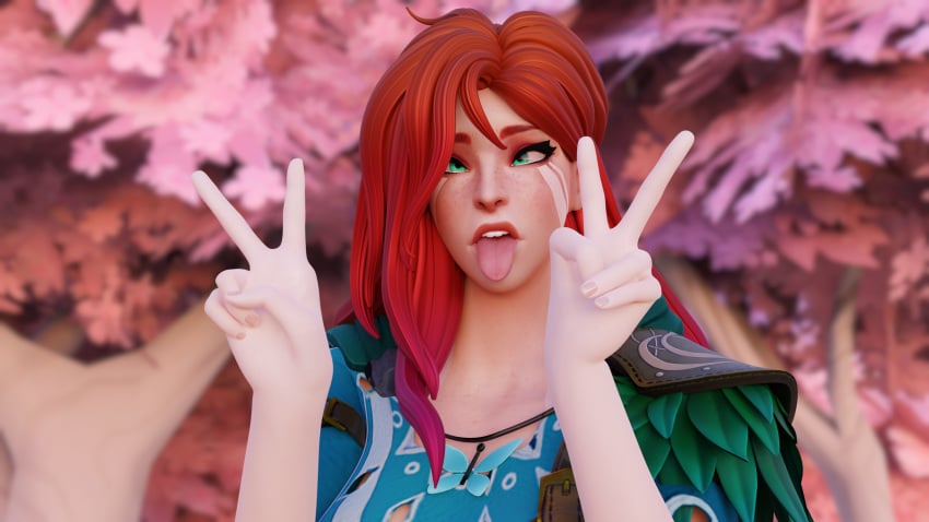 1girls 3d ahe_gao aqua_eyes blender desess3intes dota dota_2 female female_only freckles ginger green_eyes looking_at_viewer narrowed_eyes oral pale-skinned_female peace_sign red_hair rolling_eyes seductive_eyes seductive_mouth sfw solo tongue_out windranger