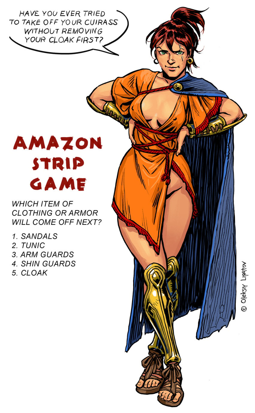 1girls amazon ancient_greece armor bracers cape character_request chiton cloak clothed copyright_request english_text female female_only greaves green_eyes human human_only light-skinned_female light_skin lipatov no_panties purr-hiss red_hair sandals strip_game warrior