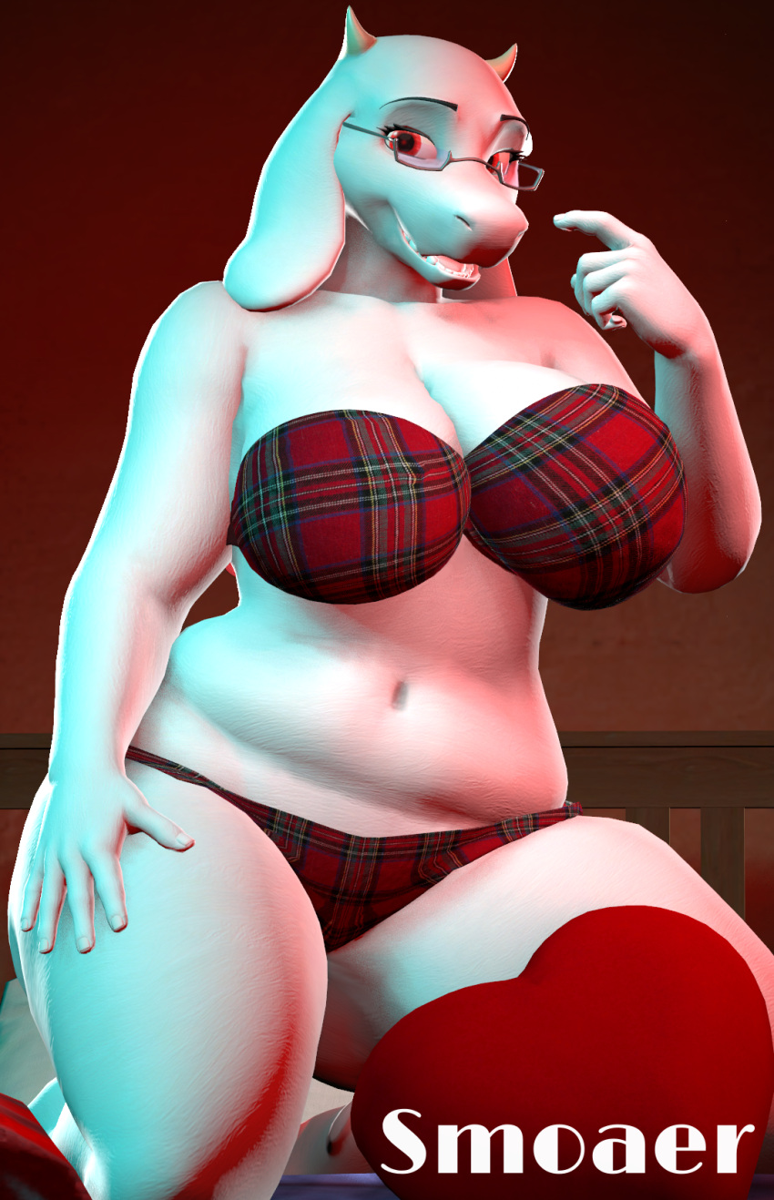 3d_(artwork) anthro big_breasts boss_monster bovid breasts caprine clothing curvy_figure digital_media_(artwork) female heart hi_res mammal mature_anthro mature_female panties smoaer solo source_filmmaker thick_thighs toriel undertale undertale_(series) underwear voluptuous warfare_toriel warfaremachine wide_hips