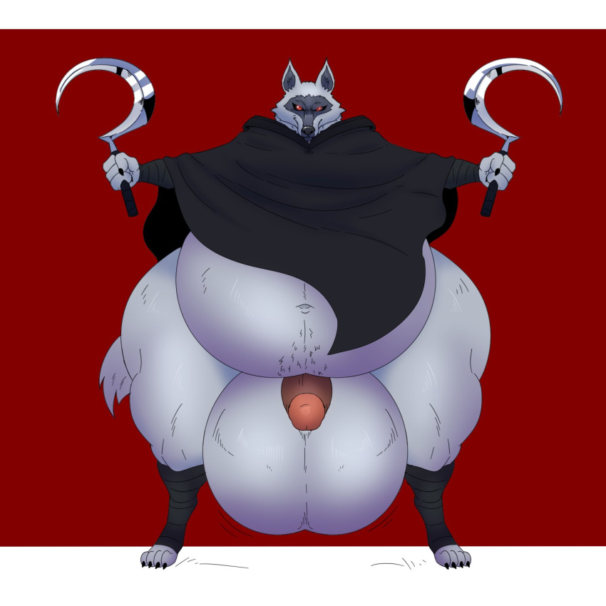 2023 a-side anthro balls belly big_balls big_belly bottomless bottomless_anthro bottomless_male canid canine canis claws clothed clothing collaboration death_(puss_in_boots) ears_up front_view fur genitals hi_res holding_object holding_sickle holding_weapon huge_balls humanoid_genitalia humanoid_penis hyper hyper_balls hyper_genitalia looking_at_viewer male mammal mouth_closed navel obese obese_anthro obese_male overweight overweight_anthro overweight_male penis puss_in_boots_the_last_wish red_eyes riercat sickle smile smiling_at_viewer smirk smirking_at_viewer solo standing thick_thighs toe_claws topwear weapon wide_hips wolf