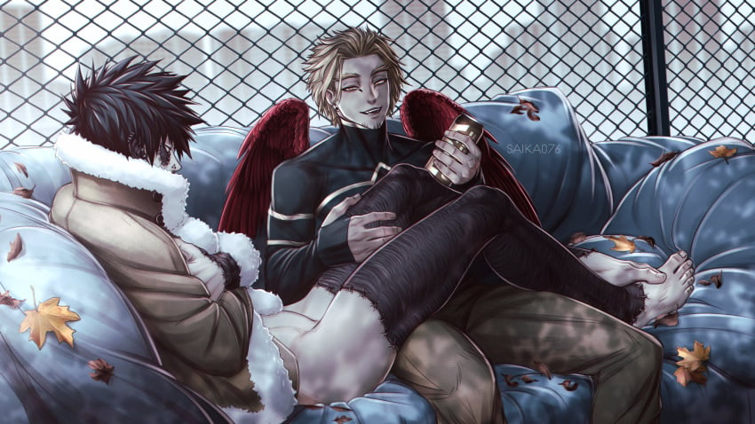 2boys autumn bare_legs barefoot blonde_hair boku_no_hero_academia bottomless dabi fence gay hand_on_thigh hawks_(my_hero_academia) hi_res jacket_only keigo_takami male male/male male_focus male_only my_hero_academia nude_male on_couch outdoor_nudity outdoors outside pantless partially_nude red_wings saika076 scars spiky_hair takami_keigo todoroki_touya touya_todoroki wings yaoi