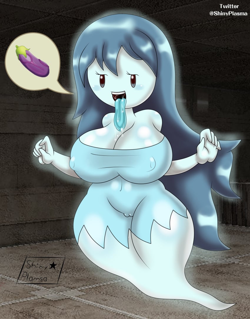 1girls alternate_version_available big_breasts blue_hair blush breasts drooling eggplant female female_only full_body ghost ghost_girl horny horny_female long_hair solo solo_female spooky's_house_of_jump_scares spooky_(shojs) superstarplasma tongue tongue_out