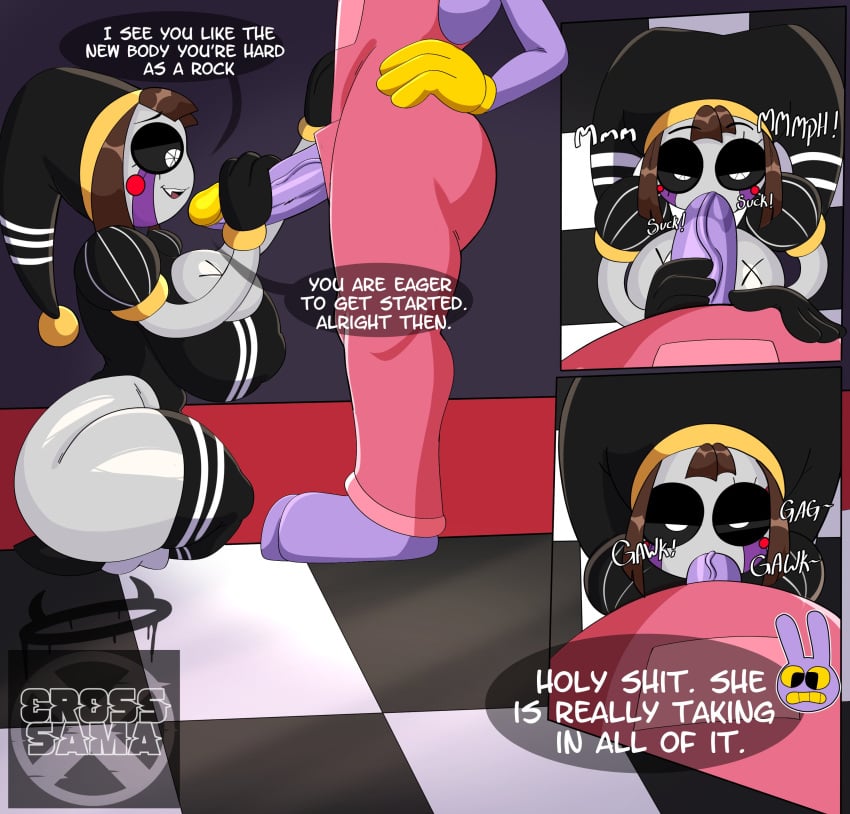 1boy 1girls 2023 2d 2d_(artwork) 2d_artwork big_ass big_breasts big_thighs black_clothing blowjob brown_hair comic cosplay cross_samax dialogue dialogue_box female five_nights_at_freddy's five_nights_at_freddy's_2 glitch_productions gloves gooseworx handjob huge_ass huge_breasts huge_thighs jax_(the_amazing_digital_circus) jester jester_costume jester_hat jester_outfit looking_at_partner looking_at_penis male marionette_(fnaf) penis pomni pomni_(the_amazing_digital_circus) puppet_(fnaf) puppet_(fnaf)_(cosplay) purple_body purple_penis short_hair straight sucking_penis tagme the_amazing_digital_circus thick_thighs thigh_highs veiny_penis white_body