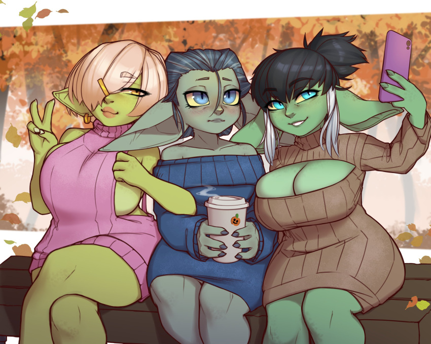 3girls big_breasts big_ears black_hair blonde_hair blue_eyes blush cleavage cleavage_cutout crossed_legs delphinia_larkspur_(tinygobbo) earrings female female_only four_fingers goblin goblin_female gobtober gobtober_2023 green_skin grey_hair hairclip hi_res imaginaricide looking_at_phone narrowed_eyes outdoors pointy_ears selfie short_ponytail sideboob sitting sitting_on_bench slit_pupils smile sprocket_(ironbunz) sweater v_sign weaponized_thickness white_highlights yellow_eyes yellow_sclera