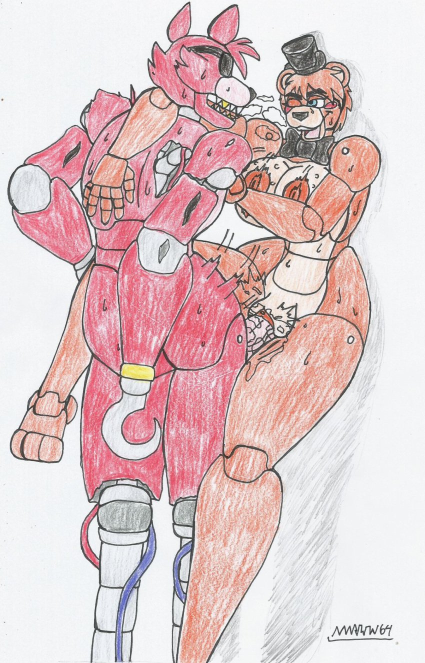 animatronic animatronic_female animatronics anthro bear bear_girl big_breasts big_hips big_penis blue_eyes bouncing_breasts bowtie female five_nights_at_freddy's fnaf fox fox_humanoid foxy_(fnaf) freddy_(fnaf) furry male male/female male_on_female male_penetrating_female marlon64 open_mouth orange_body orange_fur orange_hair orange_nipples orange_pussy pirate pussy_juice red_body red_fur red_penis rule_63 sex_on_wall sweat tagme topper traditional_drawing_(artwork) vaginal_sex white_background