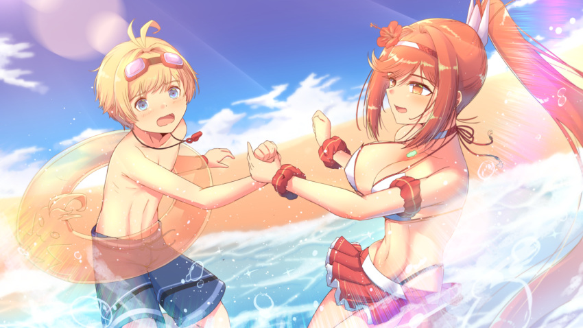 1boy 1girls assertive_female beach big_breasts bikini blonde_hair blue_eyes canon_couple cleavage core_crystal cute glimmer_(xenoblade) goggles having_fun innertube kimagure_ilya larger_female nikol_(xenoblade) nintendo ocean orange_eyes playful red_hair swimming_trunks swimsuit swimwear teenager wading water wholesome xenoblade_(series) xenoblade_chronicles_3 xenoblade_chronicles_3:_future_redeemed