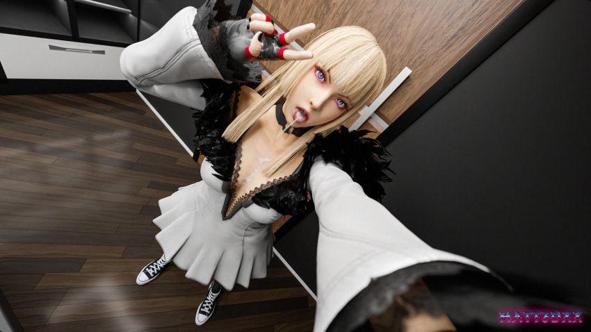 3d after_fellatio after_sex bangs blonde_hair blue_eyes breasts cleavage cum cum_in_mouth cum_on_breasts dress emilie_de_rochefort female female_focus female_only long_hair makeup matt3dxx open_mouth selfie small_breasts sneakers tagme tekken tekken_8 tongue tongue_out