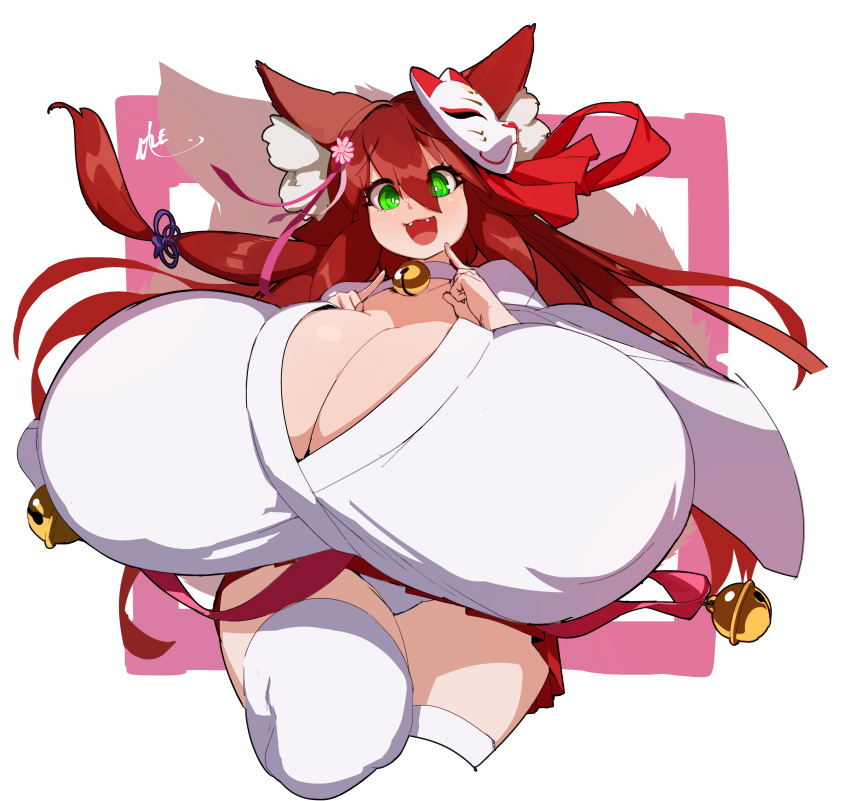 bell bell_collar cleavage cute_fang fox_mask fully_clothed gi gigantic_breasts hyper_breasts legwear mask naze original original_character smile someone_else's_oc sushi-chan