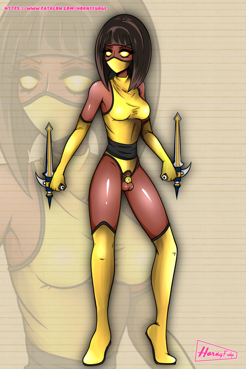 1futa balls black_hair breasts chastity chastity_cage chastity_device clothed clothing commission dark-skinned_futanari dark_skin full_body futa_only futanari hornyfudge human long_hair mortal_kombat ninja self_upload sissy solo standing tanya_(mortal_kombat) thighhighs weapon yellow_eyes