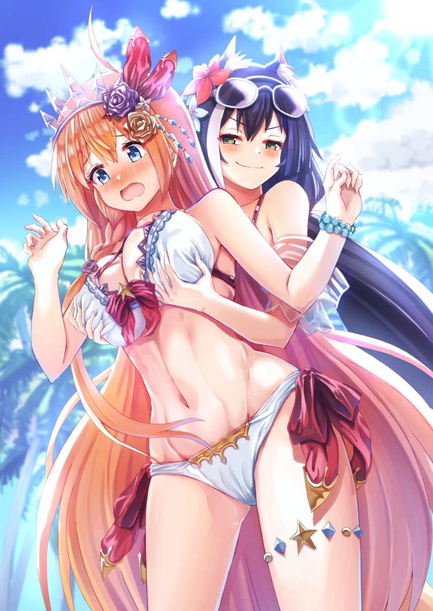 2girls absurdres animal_ears bikini black_hair blue_eyes blue_sky breasts cat_ears cloud flower grabbing grabbing_another's_breast grabbing_from_behind green_eyes hair_flower hair_ornament highres karyl_(princess_connect!) karyl_(summer)_(princess_connect!) large_breasts long_hair molestation multiple_girls navel orange_hair outdoors pecorine_(princess_connect!) pecorine_(summer)_(princess_connect!) princess_connect! rabengadayon sexual_harassment sky swimsuit very_long_hair yuri