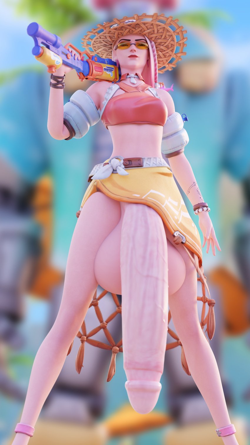 1futa 3d ashe_(overwatch) balls balls_bigger_than_head breasts chainsmoker circumcised clothing elizabeth_caledonia_ashe futa_only futanari hyper hyper_balls hyper_penis light-skinned_futanari light_skin overwatch overwatch_2 penis poolside_ashe solo testicles very_long_penis