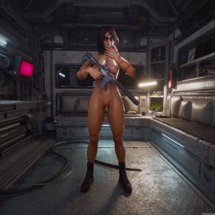 1girls 3d ass black_hair body_paint brown_eyes dark-skinned_female dark_skin female female_focus female_only mira_(rainbow_six) naked naked_female nude nude_female olive-skinned_female olive_skin rainbow_six rainbow_six_siege skstalker solo solo_female spanish tied_hair tom_clancy vinesenia