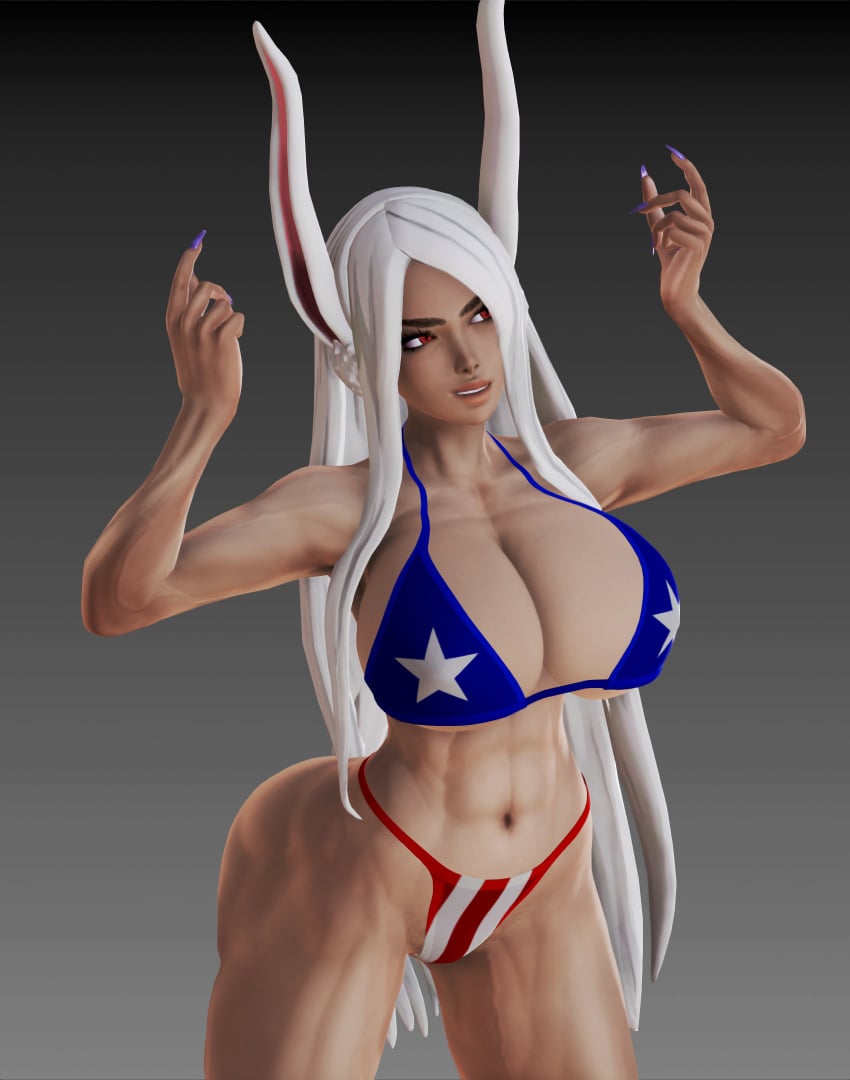 3d 3d_(artwork) abs armpit_hair big_ass bikini bimbo bodybuilder bunny_ears bunny_girl cleavage dark_skin dark_skinned_female honey_select ihateasuka large_breasts long_hair long_hair_female long_nails miruko muscles my_hero_academia pubic_hair_peek red_eyes simple_background studio_neo thick_thighs white_hair