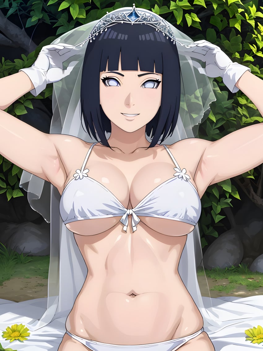 1girls ai_generated big_breasts bikini blue_hair boruto:_naruto_next_generations breasts female female_focus female_only flower_in_hair hyuuga_hinata light-skinned_female light_skin looking_at_viewer midriff milf missessai naruto naruto_(series) navel solo solo_female solo_focus veil white_bikini white_eyes