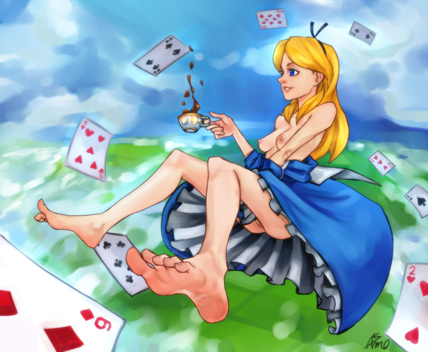 alice_in_wonderland alice_liddell asmo athletic athletic_female barefoot blonde_hair blue_eyes breasts busty dress dress_lift dress_pull female female_focus female_only going_commando hourglass_figure long_hair pinup pinup_pose sitting small_breasts soles tagme tea upskirt wide_hips