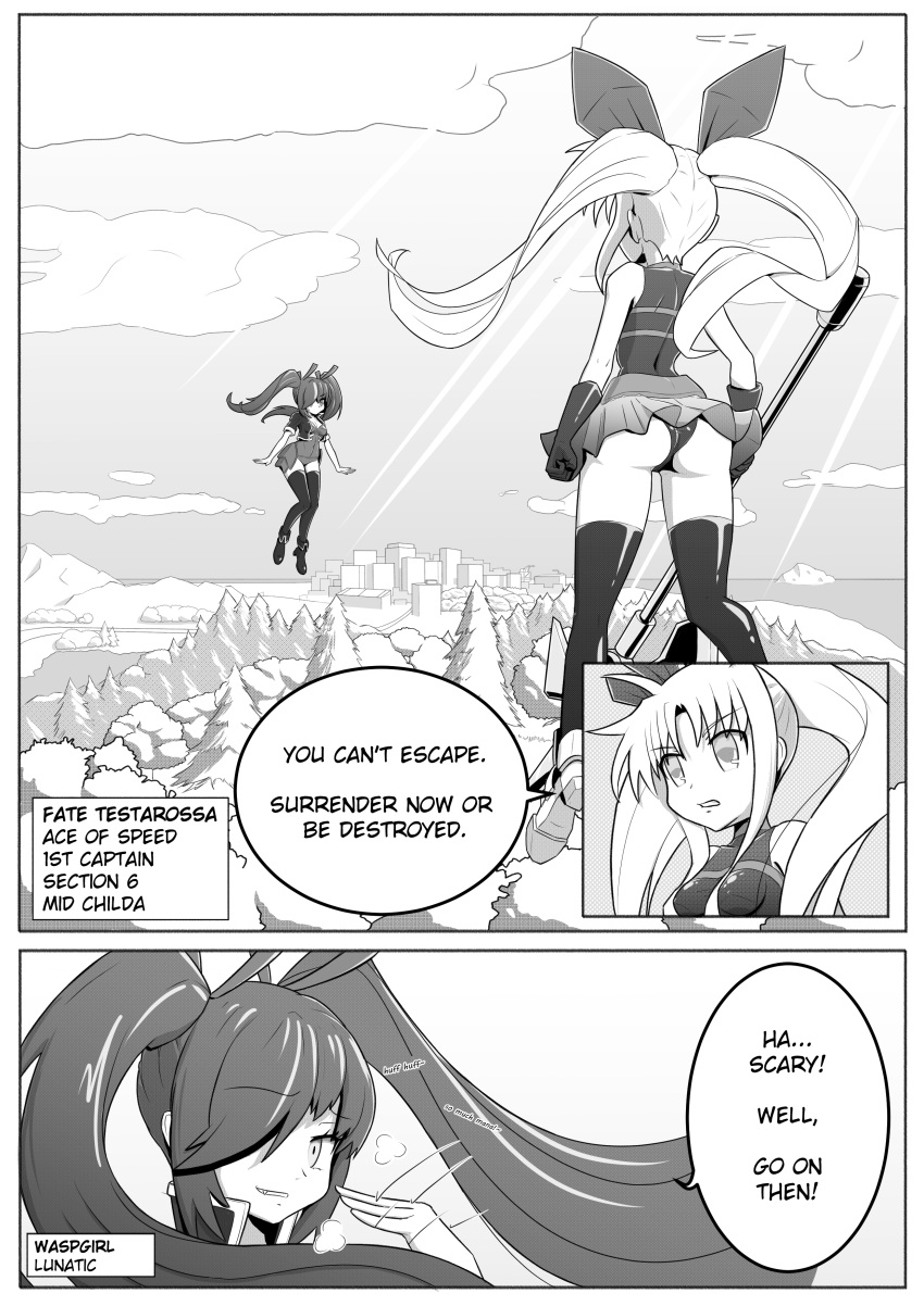 1futa 1girls ass bodysuit fate_testarossa mahou_shoujo_lyrical_nanoha manga manga_page onion_jigoku original_character tagme wasp_girl_(onion_jigoku) weapon