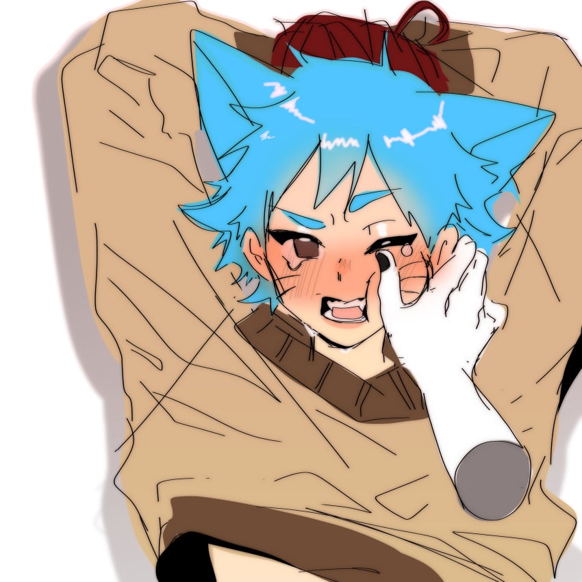 1boy anime_style arms_behind_head cartoon_network cat_ears catboy crying disembodied_hand gumball_watterson gumball_watterson_(human) neko_boy nekomimi shirt_up the_amazing_world_of_gumball the_amazing_world_of_gumball_(human)