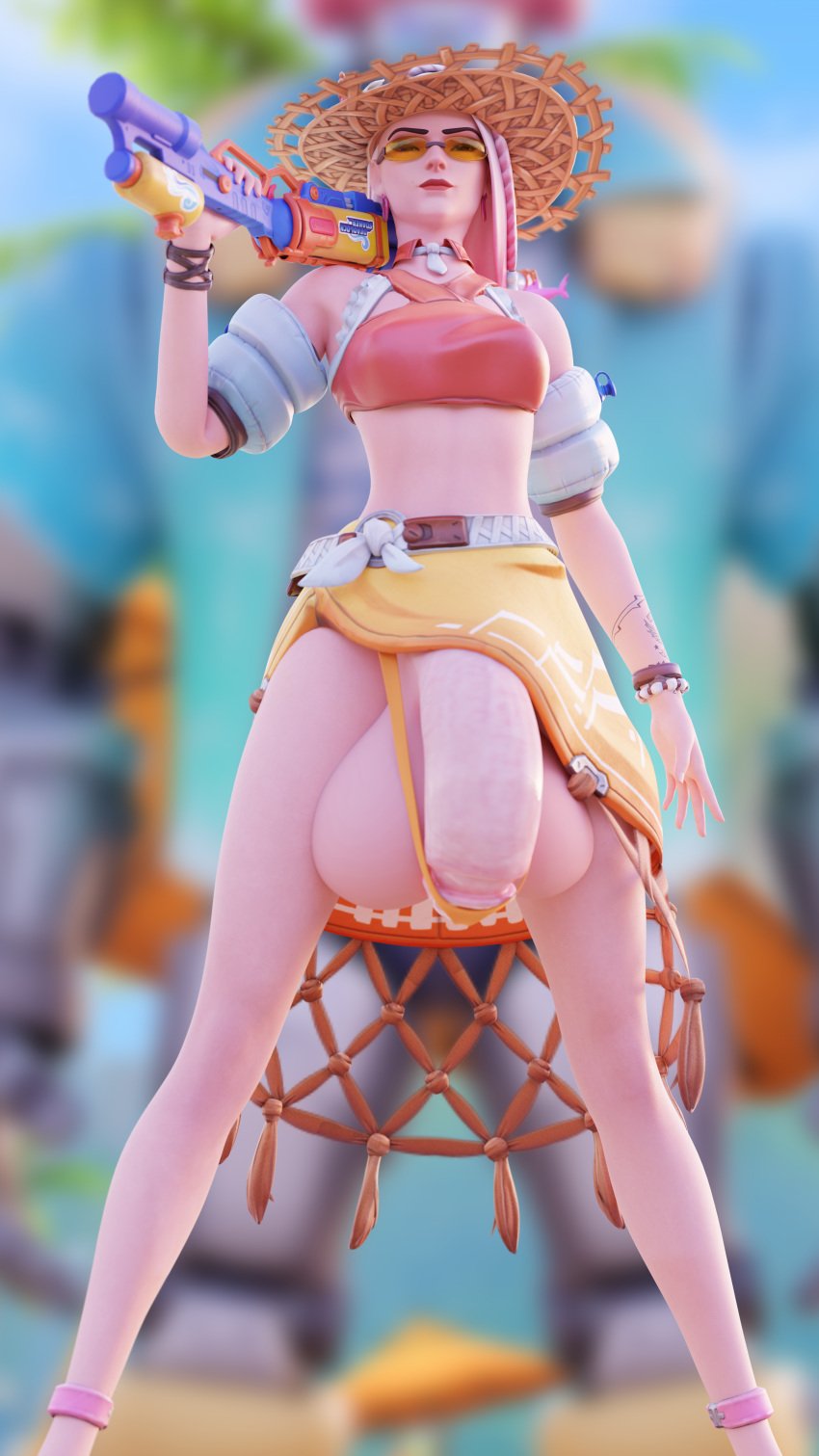 1futa 3d ashe_(overwatch) balls breasts chainsmoker circumcised clothing elizabeth_caledonia_ashe flaccid flaccid_penis futa_only futanari hyper hyper_balls hyper_penis light-skinned_futanari light_skin overwatch overwatch_2 penis penis_in_thong poolside_ashe solo testicles