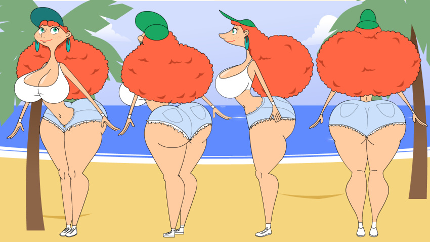 ass ass_focus ass_visible_through_thighs big_breasts bikini breasts breasts_bigger_than_head disney ginger green_eyes happy inner_workings jackurai kate_(inner_workings) long_hair orange_hair pixar shorts thick_thighs thighs