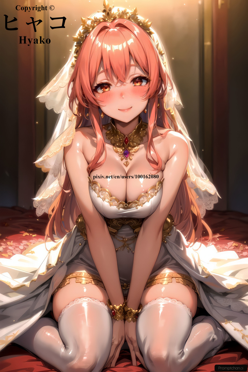 ai_generated blush character_request copyright_request gold_jewelry happy hyako jewelry orange_eyes orange_hair pixiv reona smile thick_thighs thighhighs warm_colors wedding_dress wedding_veil