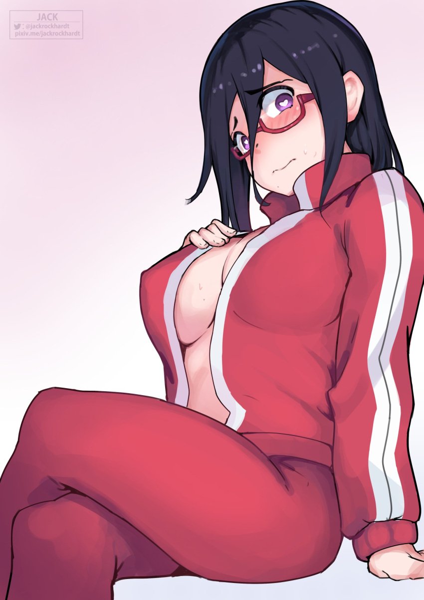 big_breasts black_hair blush crossed_legs demi-chan_wa_kataritai embarrassed glasses heart-shaped_pupils hi_res inner_sideboob jackrockhardt long_hair looking_at_viewer open_clothes purple_eyes satou_sakie sitting sportswear succubus