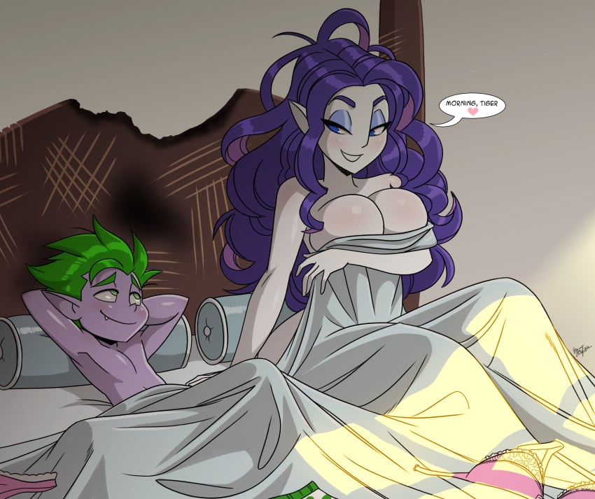 1boy 1girls aeolus06 age_difference bed bedroom blue_eyes blush breasts classy classy_female damaged_bed dialogue disheveled disheveled_hair elegant_bed english_text equestria_girls female friendship_is_magic green_eyes green_hair heart height_difference laying_on_bed long_hair looking_at_each_other looking_at_partner male messy_hair morning_after my_little_pony narrowed_eyes nickname oerba_yun_fang older_woman_and_younger_boy on_bed pointy_ears purple_hair rarity_(eg) removed_bra removed_clothing removed_panties satisfied scratches_on_bed seductive seductive_eyes seductive_look seductive_smile shaded sheet_grab size_difference smaller_male smile smiling_at_each_other speech_bubble spike_(mlp) spoken_heart sun_rays taller_female taller_girl text under_covers under_sheets very_high_resolution waking_up wholesome young_boy