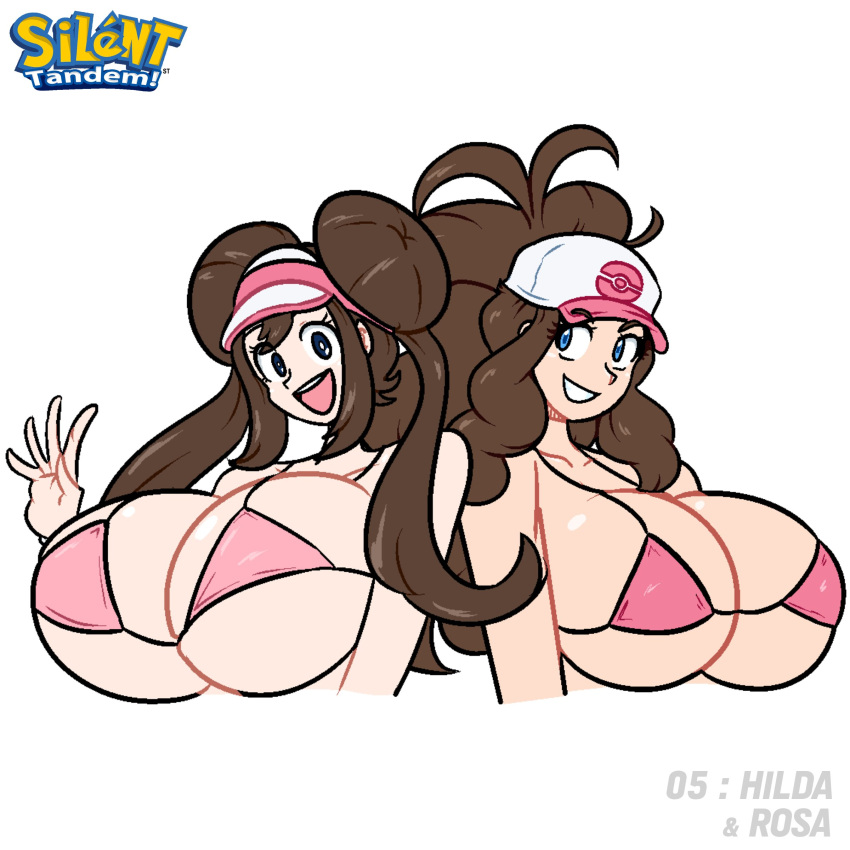 2girls alternate_breast_size ass beach big_breasts bikini blue_eyes brown_hair cap curvy female hair_bun hat hilda_(pokemon) huge_boobs huge_breasts large_breasts long_hair multiple_girls navel nintendo outside pink_bikini pokemon rosa_(pokemon) silenttandem swimsuit thick voluptuous