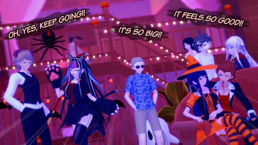 comic danganronpa danganronpa_2:_goodbye_despair dialogue english_text female fuyuhiko_kuzuryuu halloween halloween_costume halloween_party halloween_theme hinata_hajime kirigiri_kyouko kuwata_leon maizono_sayaka male mioda_ibuki mondo_oowada mukuro_ikusaba multiple_boys multiple_girls pekoyama_peko pompadorkz text togami_byakuya