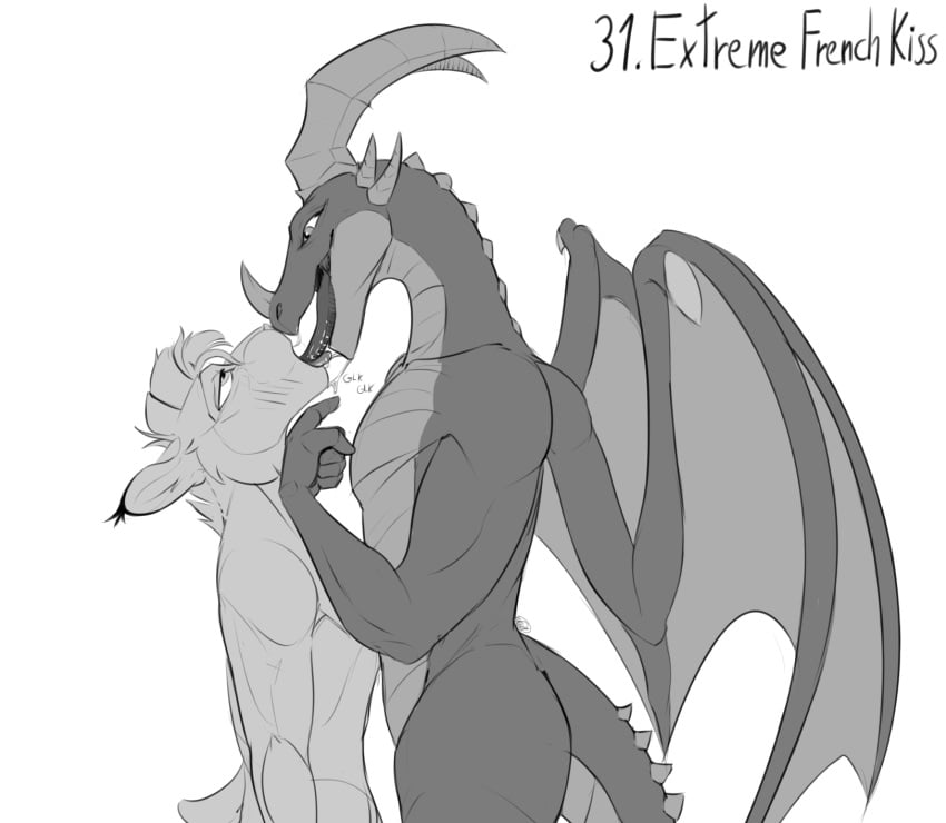 5_fingers anthro athletic athletic_male back_spikes blizzard_entertainment bodily_fluids digital_media_(artwork) dominant dominant_anthro dominant_male dracthyr dragon duo effedupspecimen english_text extreme_french_kiss felid feline fingers french_kissing fur hair hi_res horn inner_ear_fluff kissing long_neck looking_at_another looking_at_partner looking_pleasured looking_up lynx male male/male mammal membrane_(anatomy) membranous_wings muscular muscular_anthro muscular_male nose_spike nub_tail nude open_mouth saliva saliva_on_tongue saliva_string scalie simple_background size_difference smile snout spiked_tail spikes spikes_(anatomy) submissive submissive_anthro submissive_male swallowing tail talons text tongue tongue_in_mouth tongue_in_throat tongue_out tuft warcraft western_dragon wings