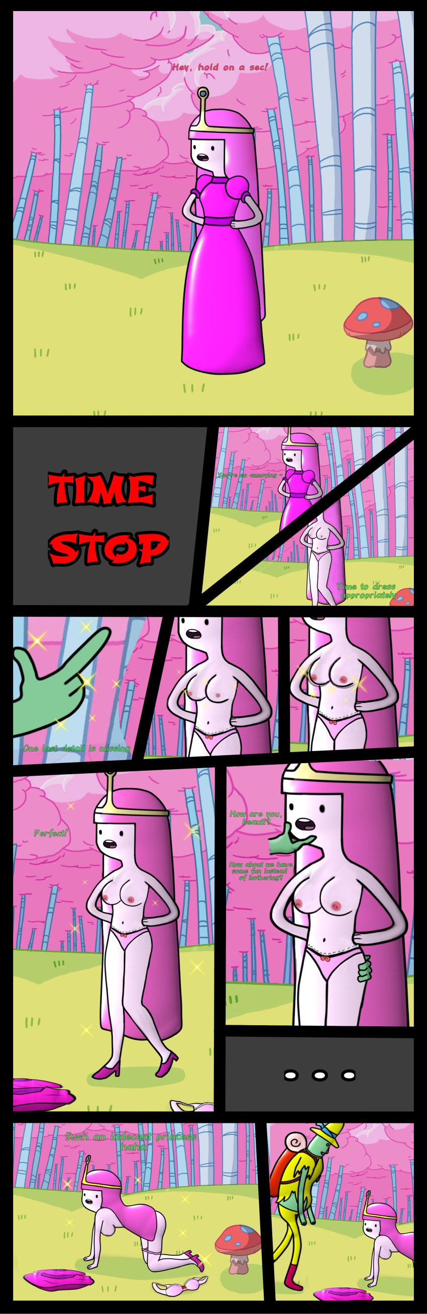 1girls adventure_time annoyed backpack bra cartoon_network clothed defeated exposed_nipples exposed_torso forced_nudity human humiliation long_hair magic magic_man male nipples nude nude_female outside pale_skin panties parody pink_hair princess princess_bubblegum standing submissive_female tiara time_stop undress