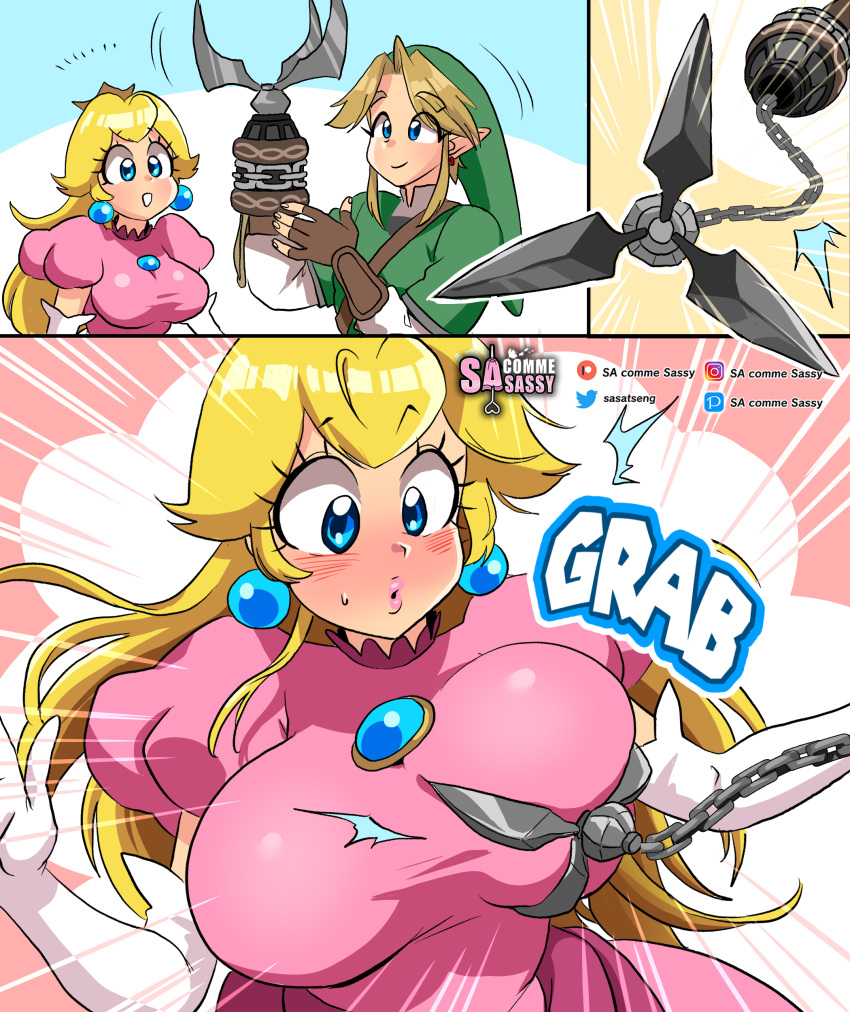 1boy 1girls 3koma big_breasts blonde_hair blue_eyes blush breast_grab breast_squeeze breasts clawshot clothed clothing comic couple crossover female hi_res link link_(twilight_princess) long_hair male mario_(series) nintendo pointy_ears princess_peach sasatseng the_legend_of_zelda tight_clothing twilight_princess