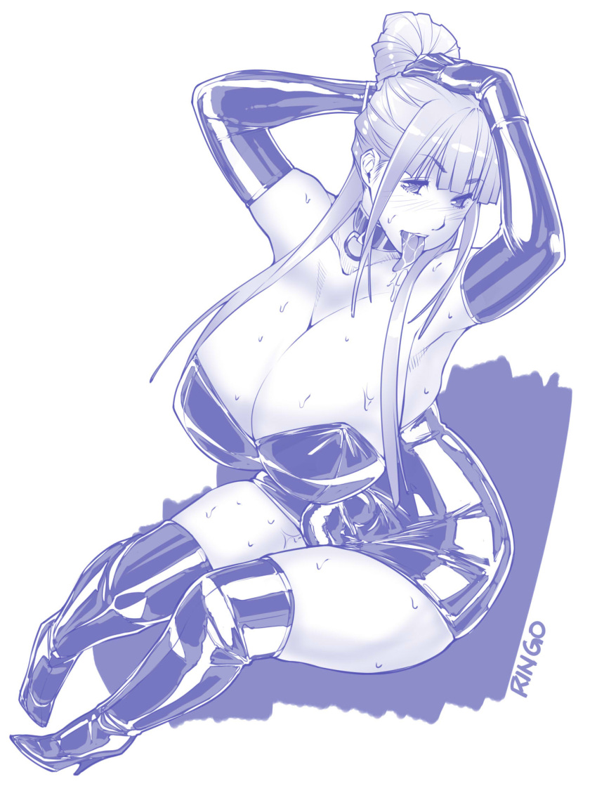 1futa 2016 big_breasts breasts bulge bulge_through_clothing cleavage clothed clothing color_request dress elbow_gloves fully_clothed futa_only futanari greyscale heel_boots high_heel_boots huge_breasts human kuroishi_ringo latex latex_boots latex_dress latex_gloves monochrome penis sitting solo sweat thick_thighs thigh_boots tongue tongue_out wide_hips