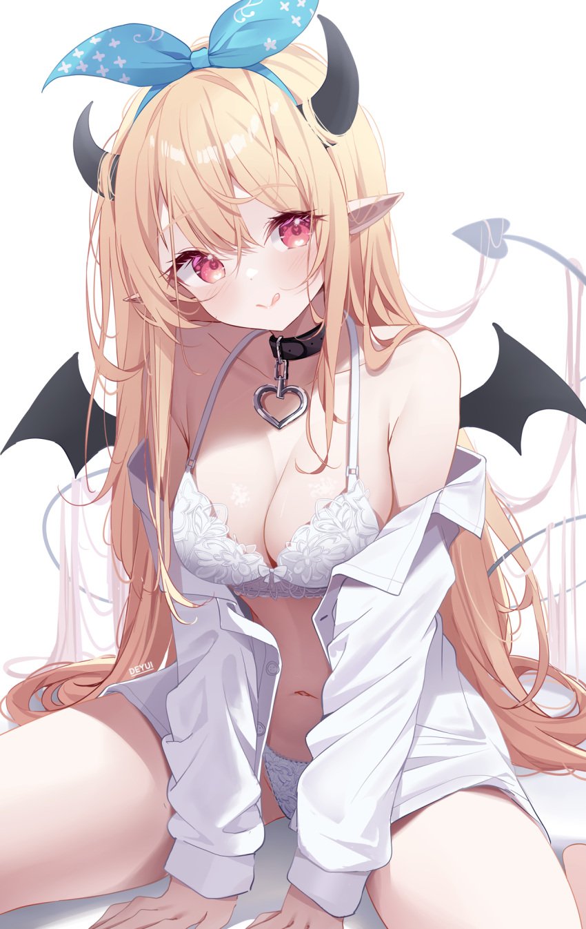 1girls artist_name blonde_hair bra breasts choker collar commentary demon_horns demon_wings deyui english_commentary fairy female female_only green_headband hair_behind_ear hair_ornament headband highres horns licking_lips lingerie long_hair loose_clothes loose_shirt medium_breasts nijisanji nijisanji_en panties pointy_ears pomu_rainpuff red_eyes shirt smile solo succubus_costume succubus_horns succubus_tail succubus_wings unbuttoned unbuttoned_shirt underwear virtual_youtuber white_bra white_panties wings