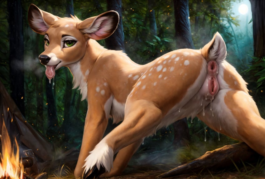 1girls ai_generated anus ass campfire cervid cervine cervine_pussy cloven_hooves deer deer_ears deer_tail female female_only feral feral_only forest_background green_eyes hooves in_forest inner_ear_fluff looking_at_viewer presenting presenting_hindquarters pussy pussy_juice pussy_juice_drip raised_tail saliva saliva_drip spotted_body spotted_fur spread_legs steamy_breath tail tan_body tan_fur tongue tongue_out unsauceballs wet wet_body wet_pussy white_fur