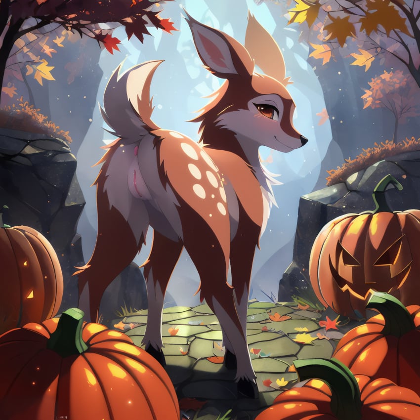 1girls ai_generated anus ass autumn autumn_leaves blush blush_lines brown_body brown_eyes brown_fur cervid cervine cream_fur cute deer deer_ears deer_tail female female_only feral feral_only forest_background halloween hooves in_forest jack-o'-lantern looking_at_viewer presenting presenting_hindquarters pumpkin pussy raised_tail smile smiling smiling_at_viewer tail venison_(venisoncreampie) venisoncreampie