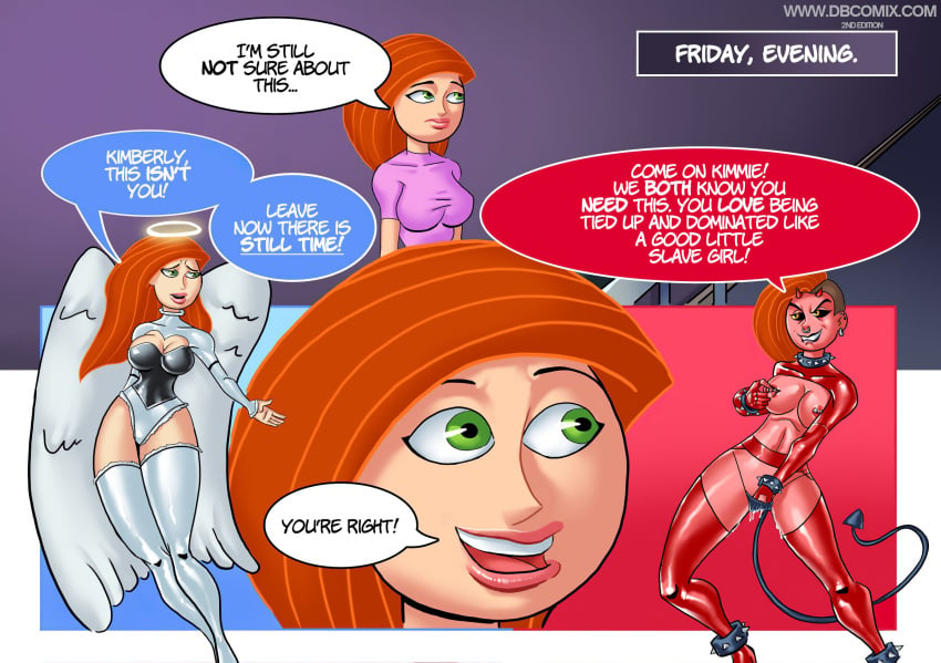 1girls angel angel_and_devil big_breasts breasts comic comic_panel dbcomix devil dialogue disney disney_channel female female_only fingering_self kim_possible kimberly_ann_possible latex masturbation pierced_nipples solo speech_bubble thighhighs wings