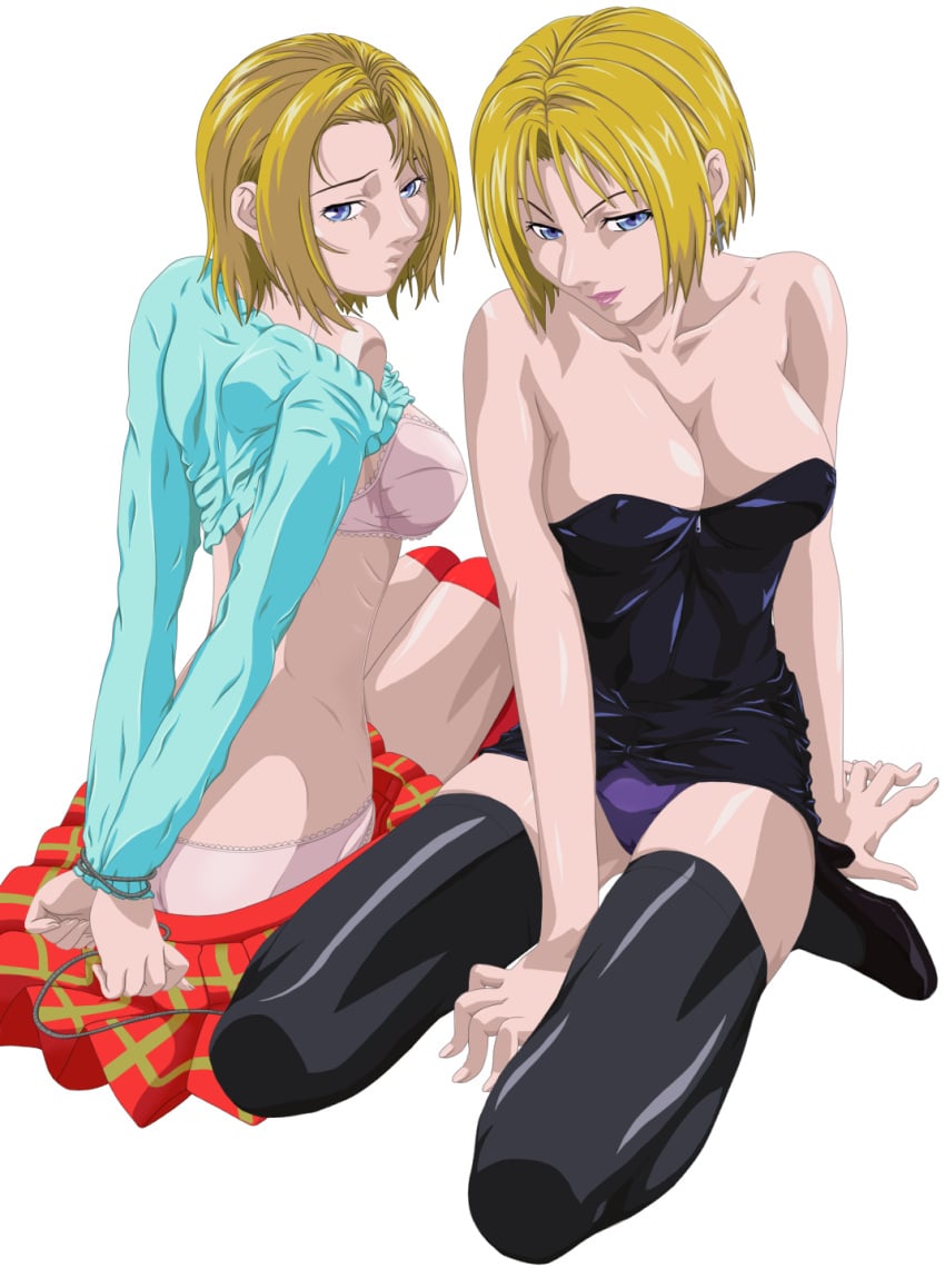 2girls before_and_after bible_black bible_black_gaiden blonde_hair blue_eyes casual_clothes kitami_reika large_breasts milf multiple_girls pale-skinned_female rope short_hair skirt_down smile witch