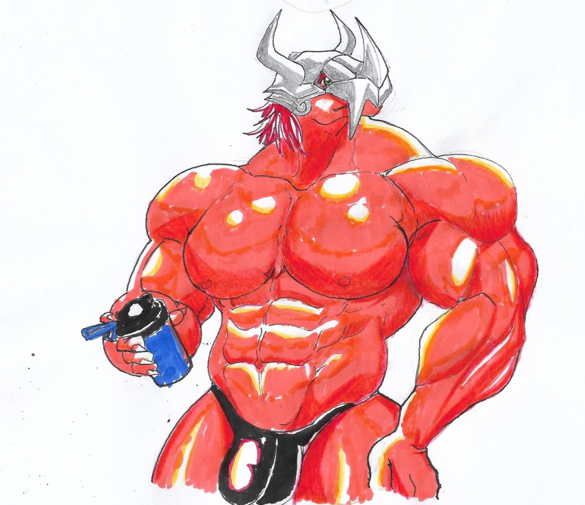 abs anthro armor bandai_namco biceps bodily_fluids bulge clothing digimon digimon_(species) fangs hair headgear helmet hi_res holding_object horn male male_focus male_only muscular muscular_anthro muscular_male nipples orange_body pecs pinumontbalou red_hair solo sweat teeth triceps underwear wargreymon wet wet_body