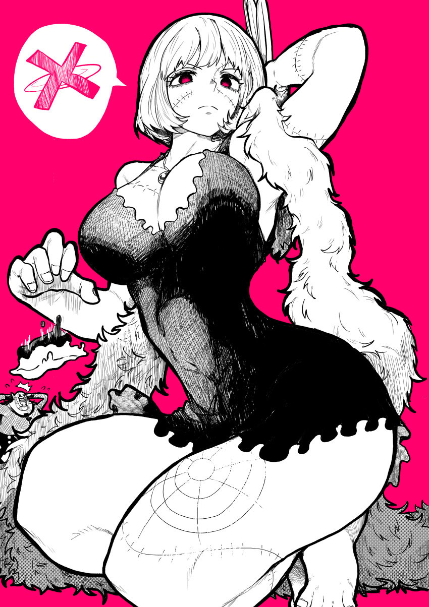 1girls barefoot big_breasts bob_cut cleavage crouching dress feather_boa female female_only full_body looking_at_viewer minidress one_piece pink_background pink_eyes scars short_hair solo spot_color stiches stitches thick_thighs victoria_cindry yotsumi_shiro zombie_girl