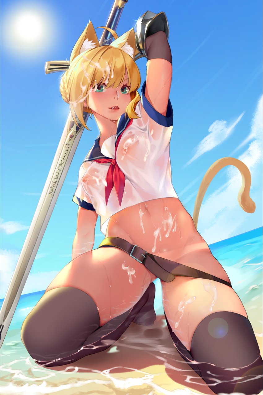 absurdres animal_ears arm_up armor artoria_pendragon_(fate) belt belt_skirt blonde_hair bottomless breasts bukkake cat_ears cat_tail convenient_censoring covered_nipples cum cum_on_body cum_on_clothes cum_on_hair cum_on_stomach elbow_gloves fate/stay_night fate_(series) female glint gloves groin highres holding holding_sword holding_weapon medium_breasts navel_piercing no_bra outdoors piercing runiechan0 saber school_uniform see-through serafuku shirt skindentation solo sword tail tan tanlines thighhighs tongue tongue_out weapon wet wet_clothes wet_shirt