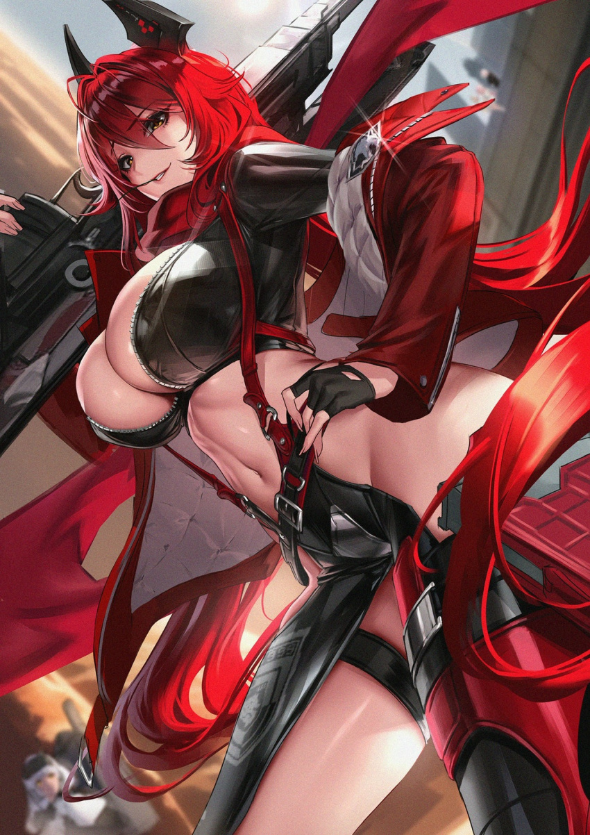 2girls bangs big_breasts bodysuit breasts cianyo cleavage eyebrows_visible_through_hair gloves goddess_of_victory:_nikke gun high_resolution highres holding_object holding_weapon jacket latex light-skinned_female long_hair looking_at_viewer navel open_jacket red_hair red_hood_(nikke) sniper_rifle snow_white:_innocent_days_(nikke) snow_white_(nikke) solo_female yellow_eyes