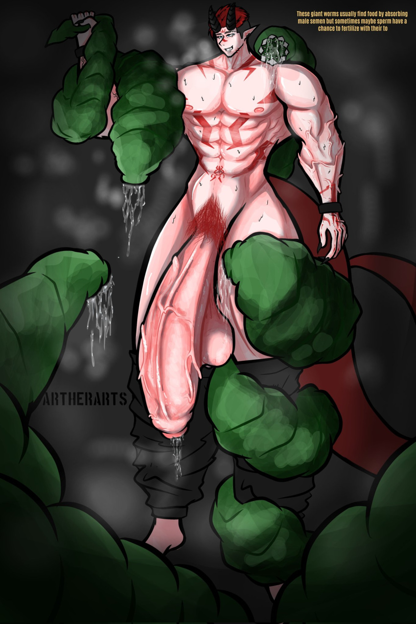 1boy 1male abs artherarts biceps blue_eyes damian_arron_(artherarts) impregnation_risk insects male male_focus monster multiple_monsters muscles muscular muscular_male precum pubic_hair red_hair tail tall taller_male tattoo text worm