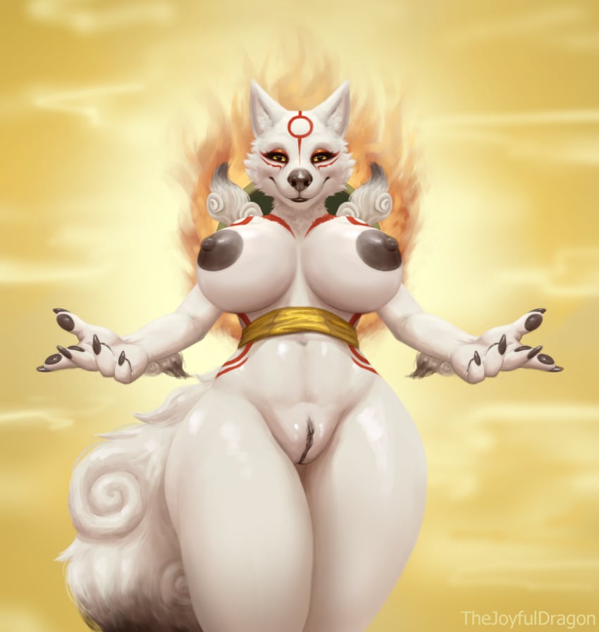 amaterasu amaterasu_(okami) breasts canid canine canis capcom domestic_dog female fire fur genitals hi_res mammal nipples nude okami okami_(capcom) pussy solo thejoyfuldragon wolf