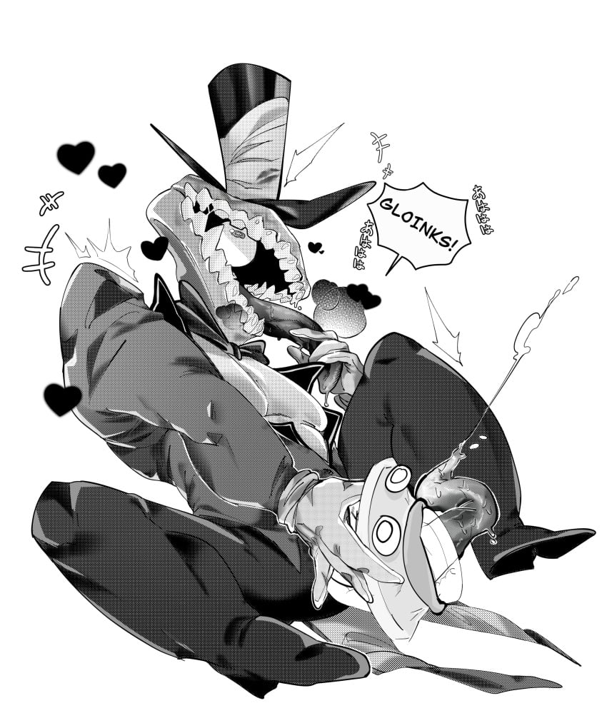 black_and_white black_pants bow_tie caine_(the_amazing_digital_circus) cakicidilara denture dialogue dialogue_box eye_ball eyes gloves magician magician_hat male muscular_male tagme the_amazing_digital_circus tuxedo