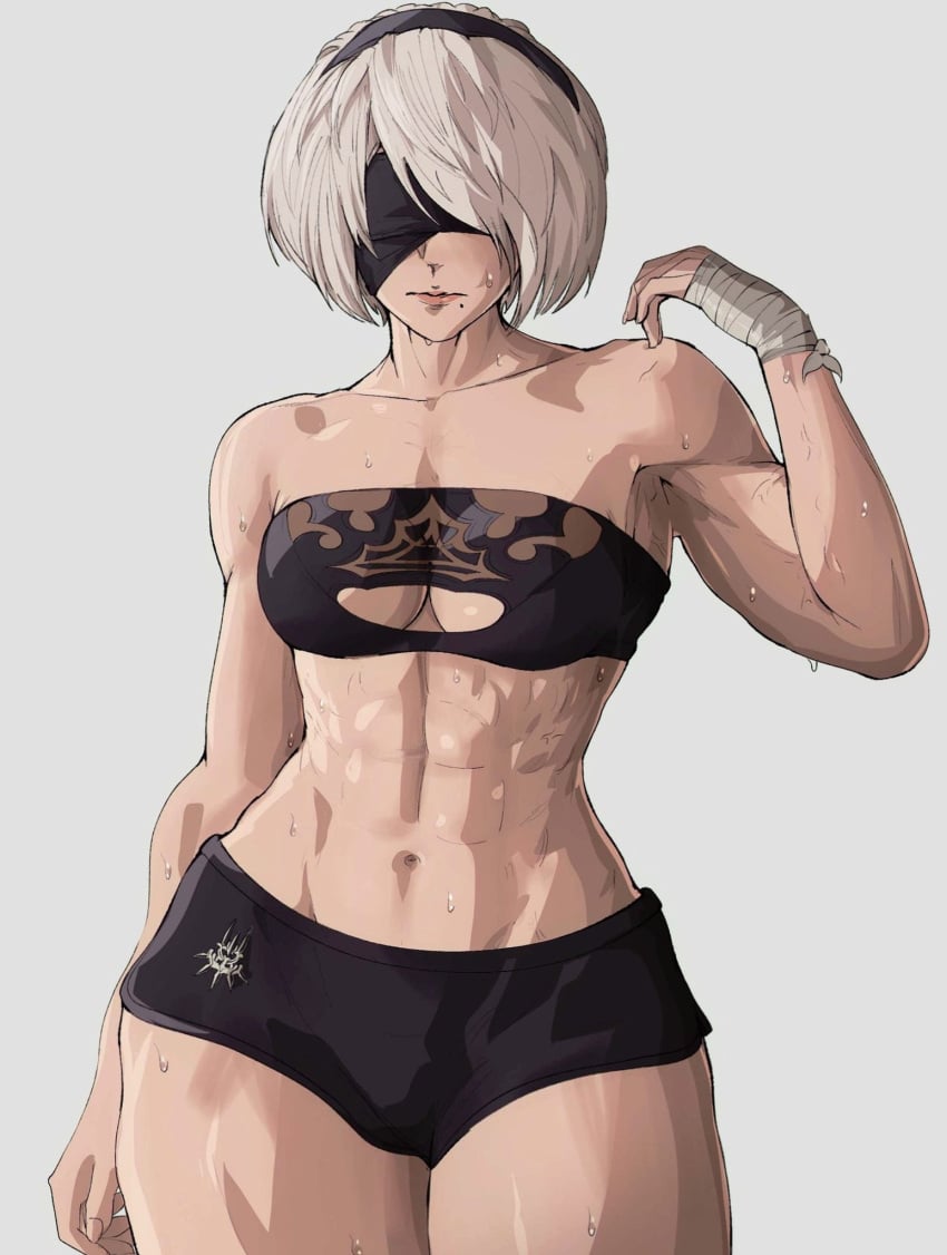 1girls abs arm_at_side bandages bare_arms bare_shoulders bare_thighs black_shorts black_sports_bra blindfold boob_window clothing_cutout collarbone fair-skinned_female fit_female hairband midriff mole_under_mouth muscular muscular_female nier nier:_automata nier_(series) pose short_hair shorts solo sports_bra sweat thick_thighs toned white_background white_hair yoracrab yorha_2b