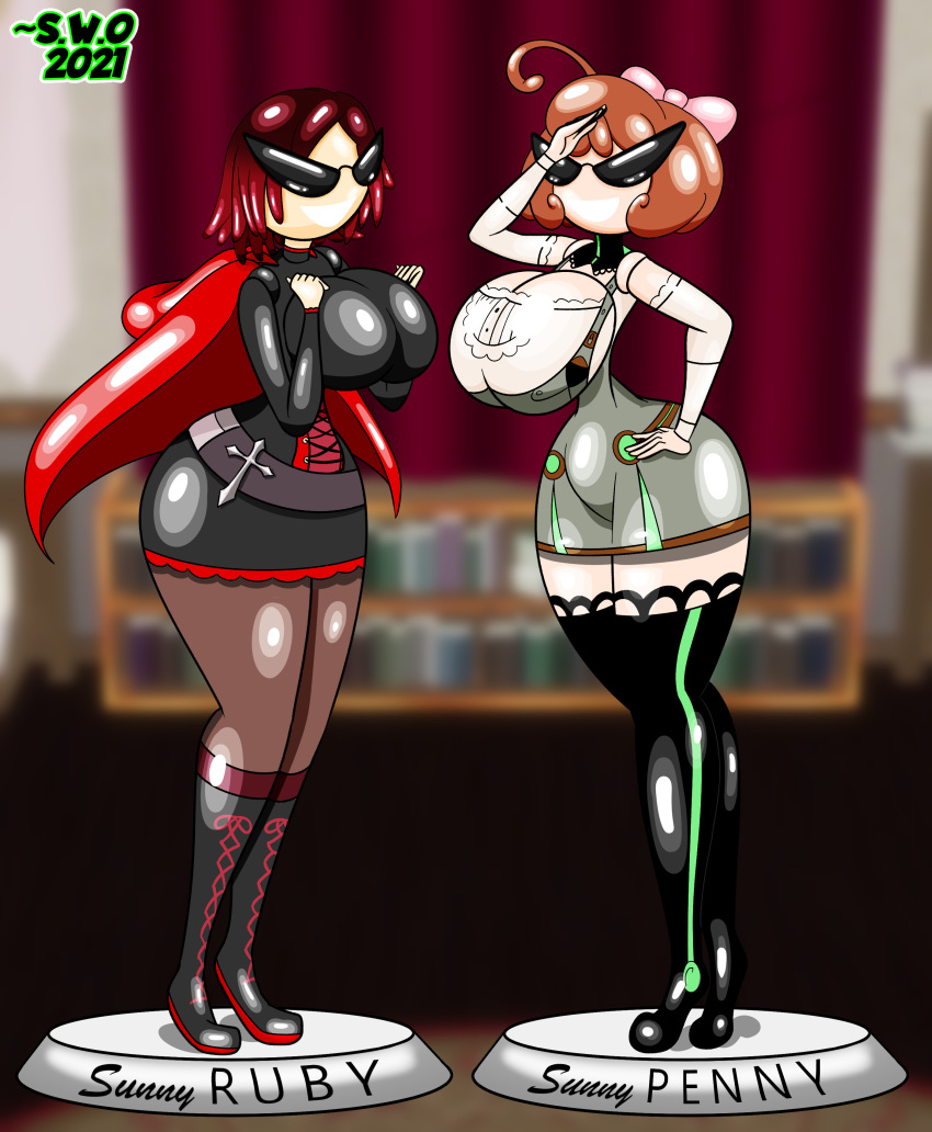 2girls dollification female female_only fully_clothed high_heels huge_ass huge_breasts knick_knack multiple_girls navel penny_polendina revealing_clothes ruby_rose rwby sunglasses sunnification superweirdman thick_thighs transformation wide_hips